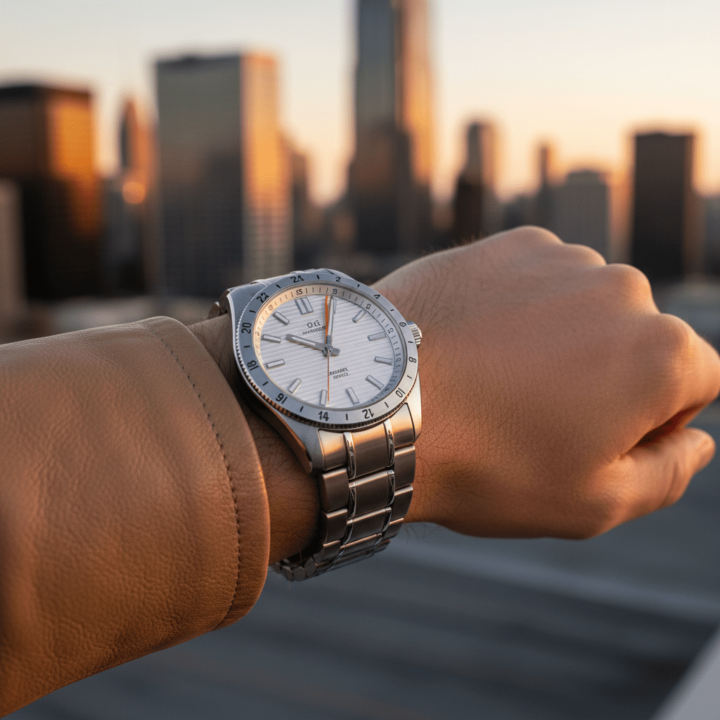 1970s-inspired GMT watch on wrist, urban rooftop at golden hour.