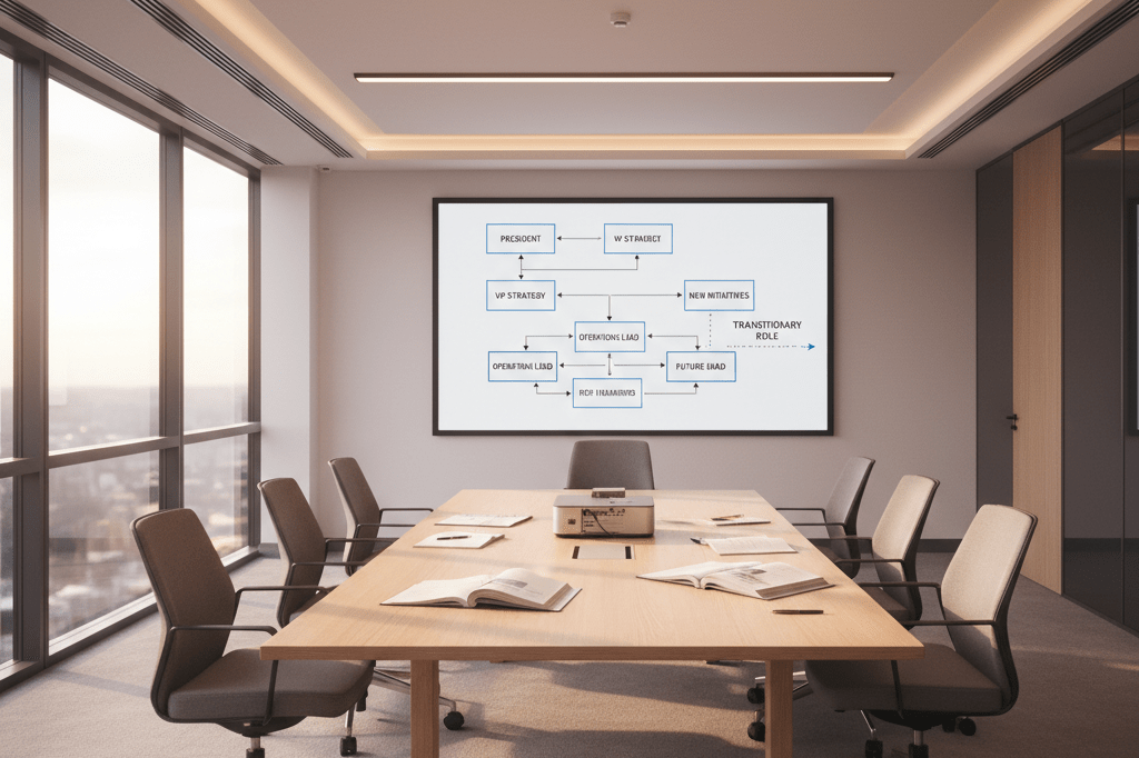 Empty meeting room with chairs, papers, and projected chart under natural and ambient light, symbolizing leadership succession planning