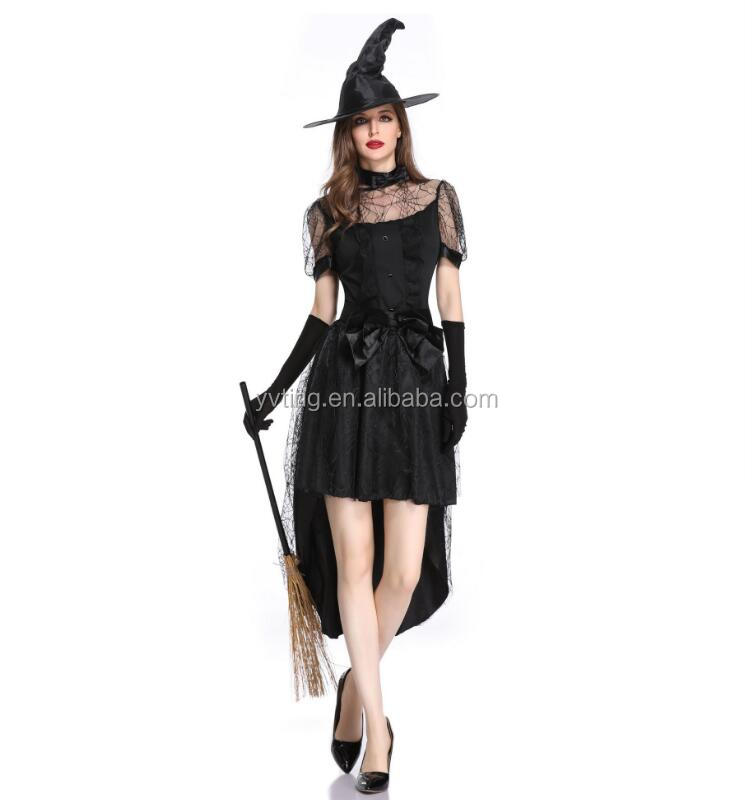 European And American New Style Beautiful Woman Witch Luxurious Sexy Black Dress Halloween Big Bow Costume