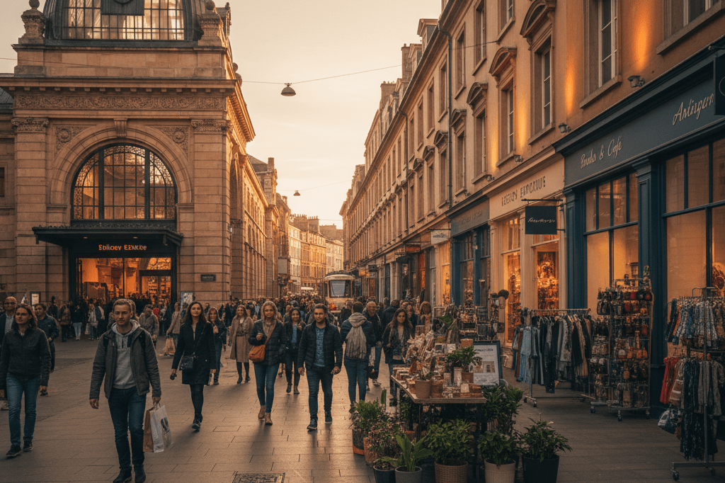 Bustling urban retail area with inviting storefronts and shoppers near a train station under warm natural light