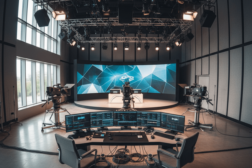 Wide shot of a sleek broadcast studio with advanced equipment under natural and ambient lighting, showcasing technical precision