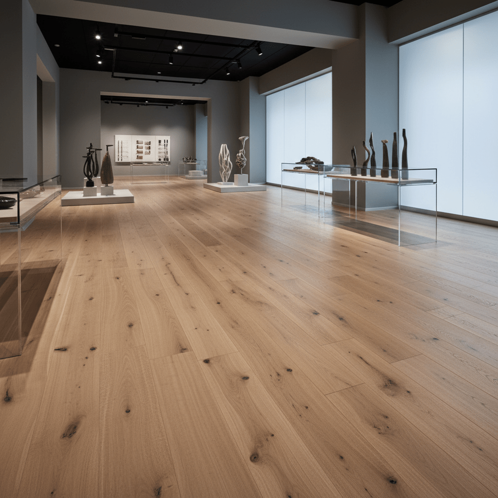 Extra-wide plank engineered hardwood flooring with natural oil finish in a showroom.