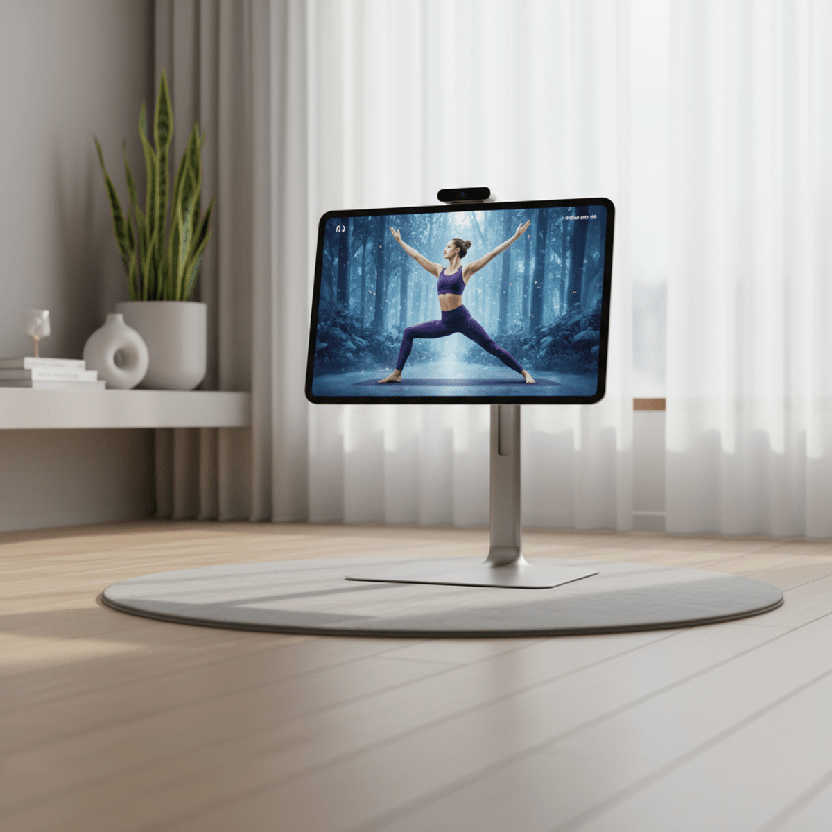 Futuristic home fitness room with yoga instructor on a large screen tablet.