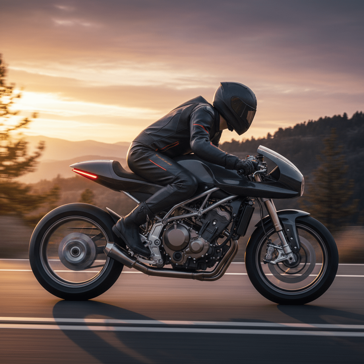 Modern cafe racer on a twisty mountain road at golden hour Aggressive modern cafe racer speeds on a scenic mountain road at sunset.