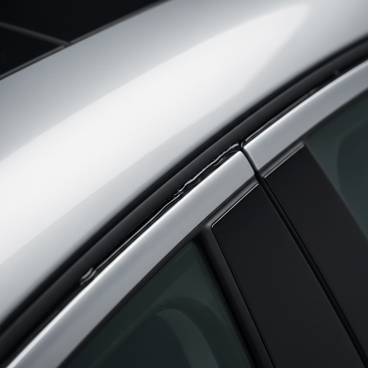 Close-up of modern sedan door seal with black rubber weatherstripping and adhesive.