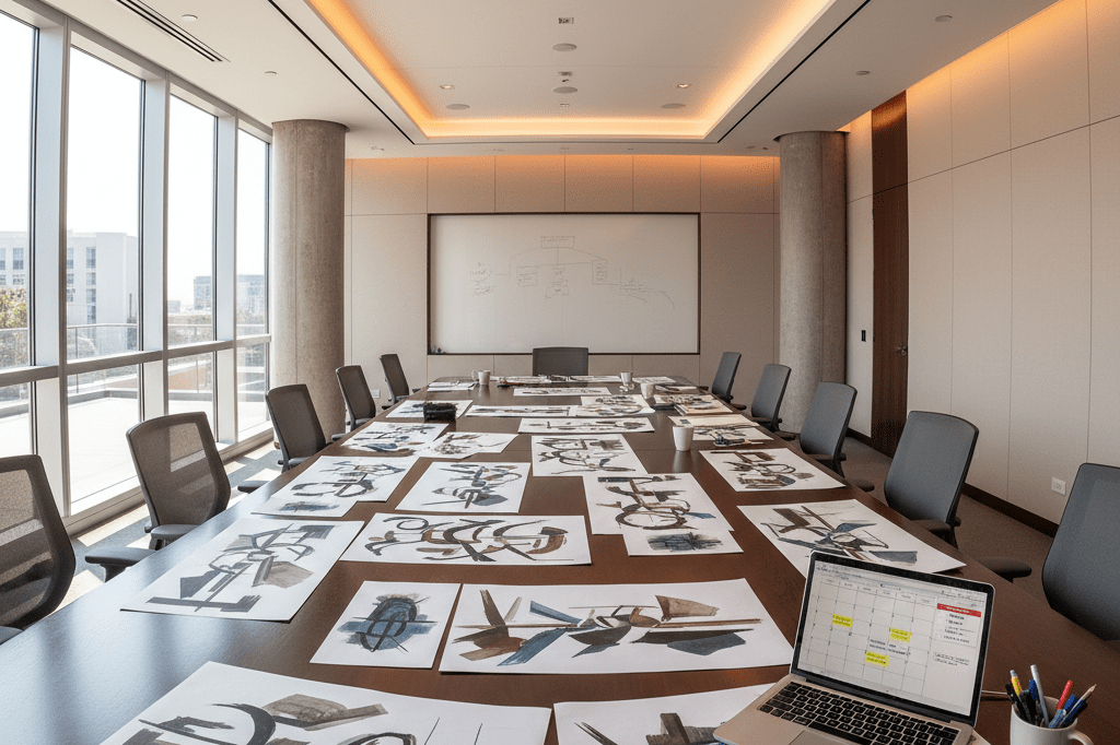 Wide shot of a stylish production meeting room with storyboards, laptop, and stationery under natural and ambient light