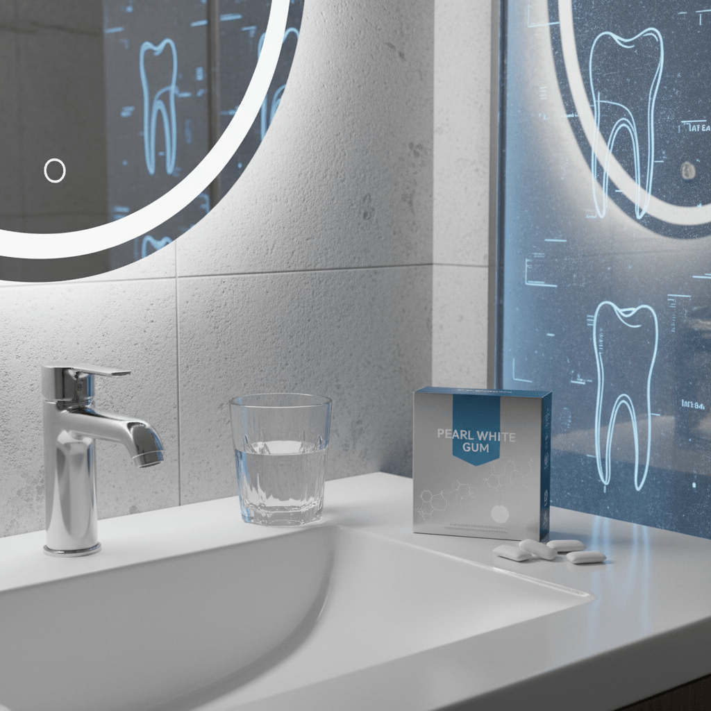 Elegant bathroom vanity with teeth whitening gum and crystal water glass.