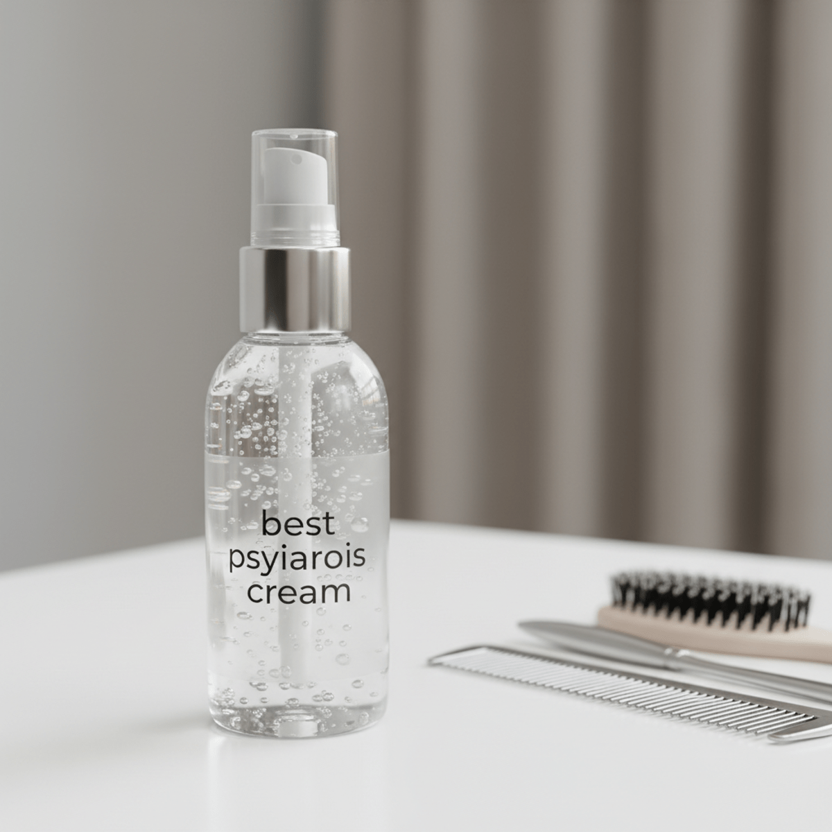 Clear gel psoriasis cream bottle with precision nozzle on a vanity with grooming tools.