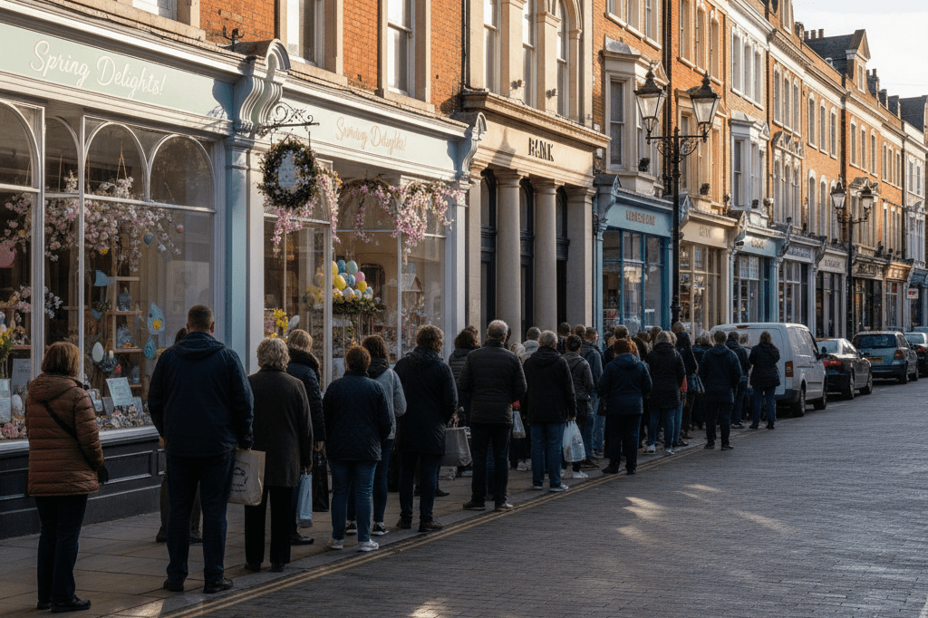 Busy UK high street with bank queues and spring-themed storefronts reflecting concentrated consumer spending