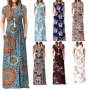 Women 2019 Clothing Summer Long Beach Bohemian Dresses Lady Short Sleeve Loose Maxi Casual Boho Shirt Dress with Pockets