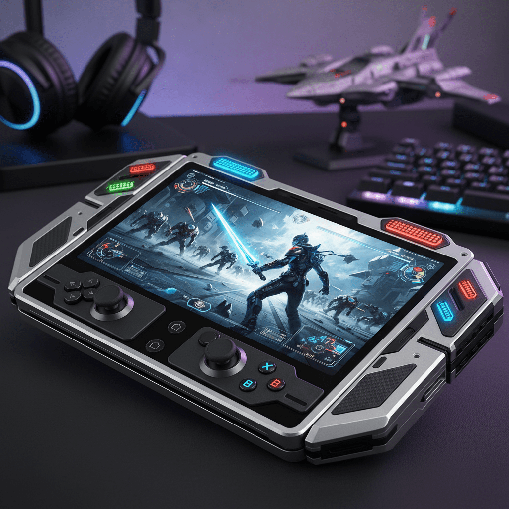 Folding tablet unfolding mid-game with illuminated RGB buttons and detailed action scene.