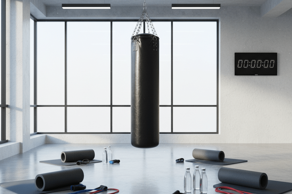 Wide shot of a well-lit gym with punching bag, fitness gear, and timer, evoking systematic preparation and mental resilience