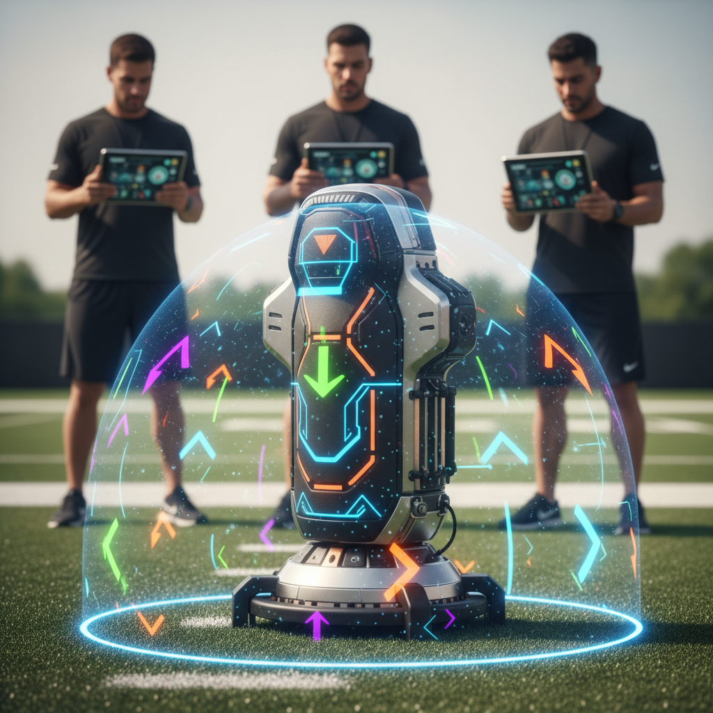 Futuristic football dummy with holographic tackle zones on textured turf.