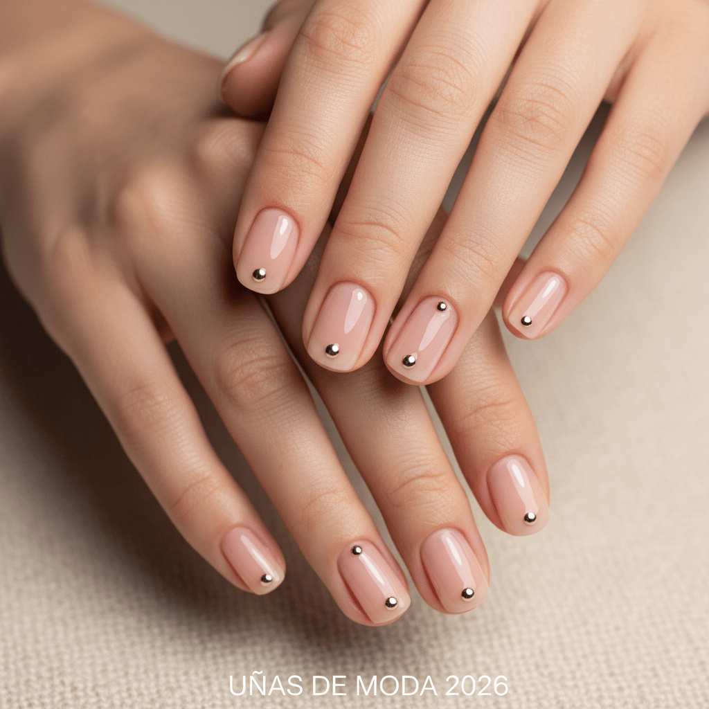 Minimalist nude nails with a single metallic dot at each cuticle on textured fabric.