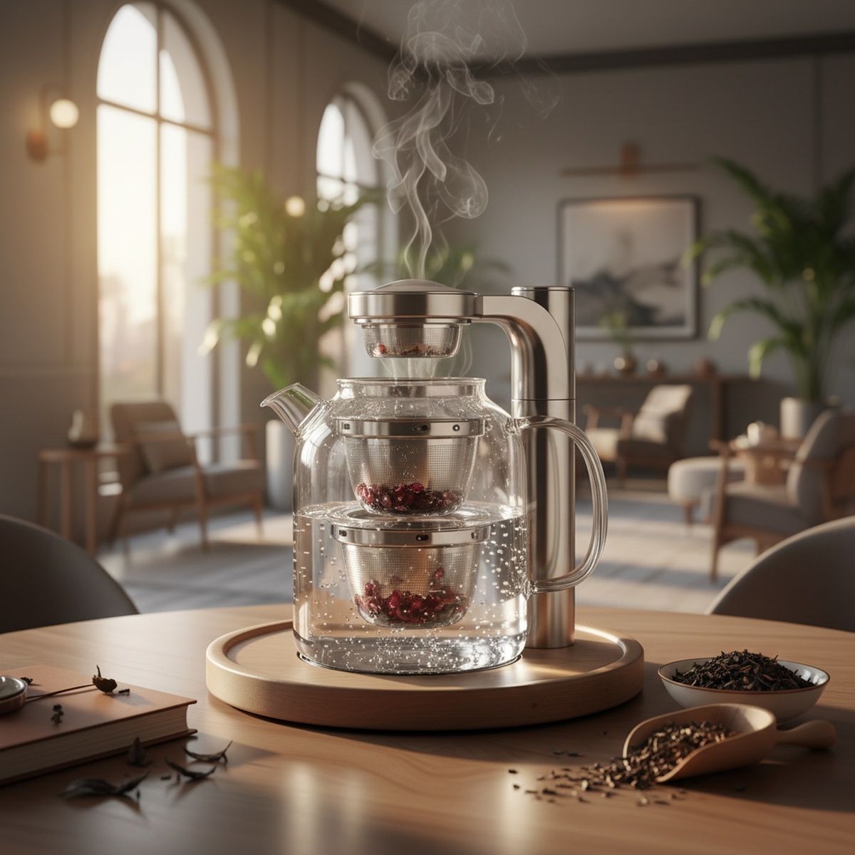 Luxurious glass kettle with infusers in a serene tea lounge with golden hour light.