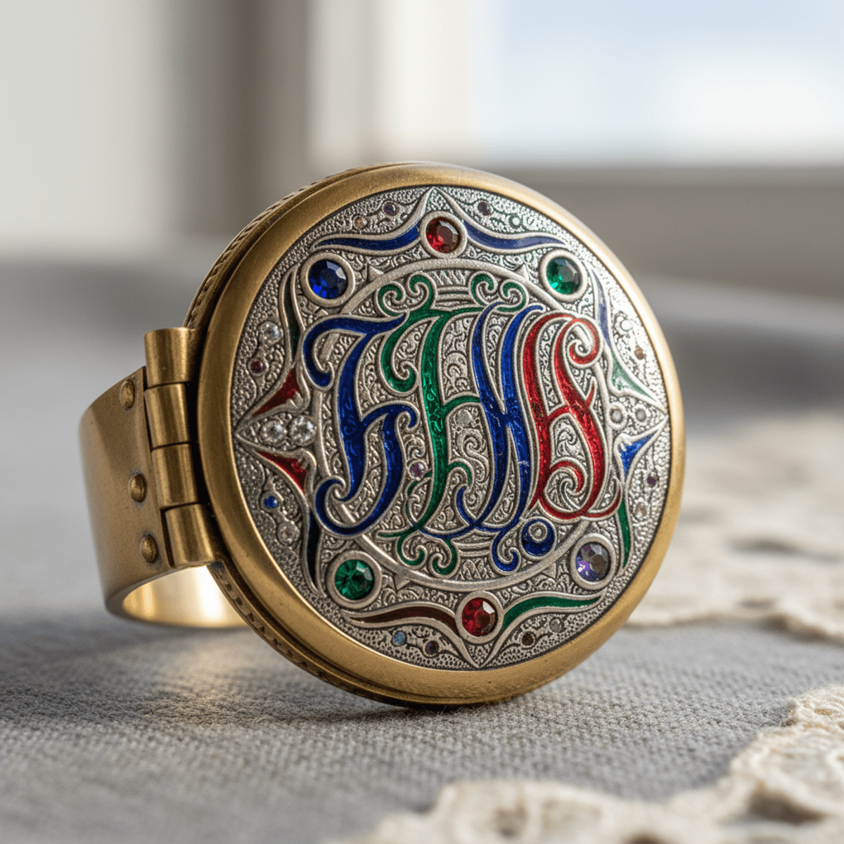 Victorian ring watch with ornate monograms, enamel, and birthstones, studio lighting.