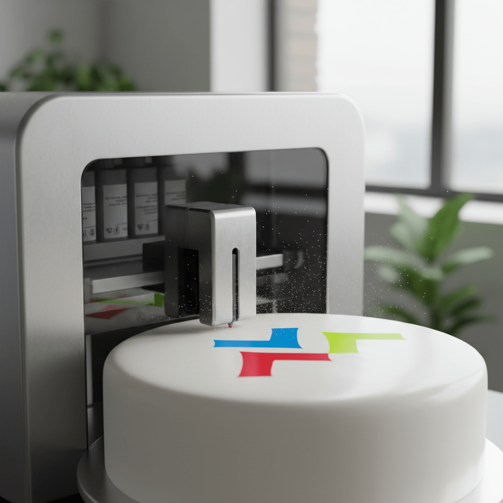 Modern edible printer precisely applies a colorful logo onto a fondant cake.