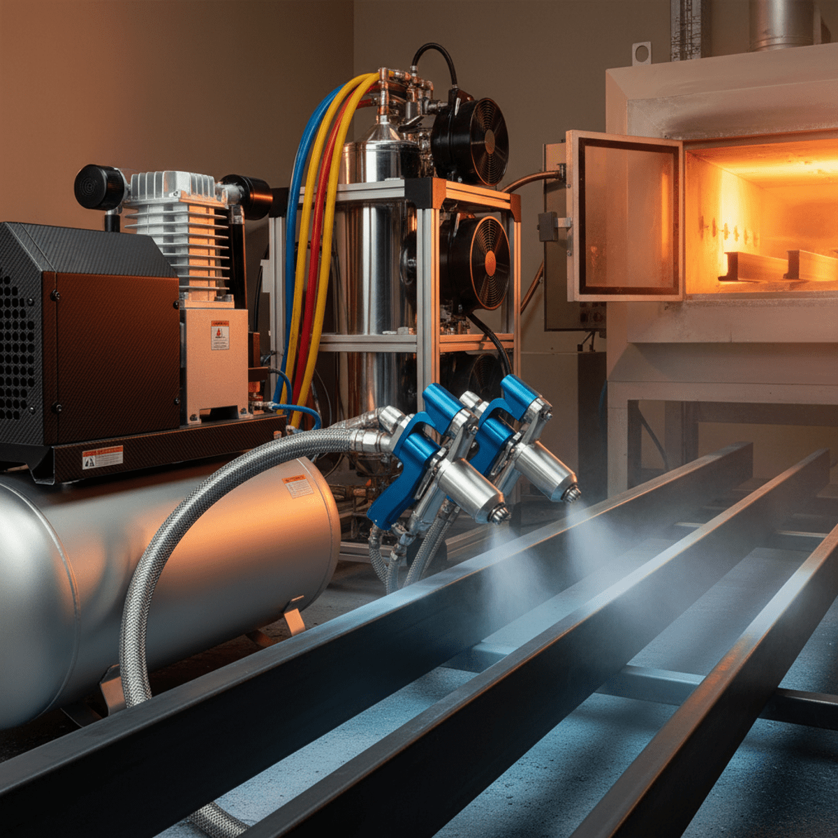 Industrial powder coating guns with air compressor and curing oven.