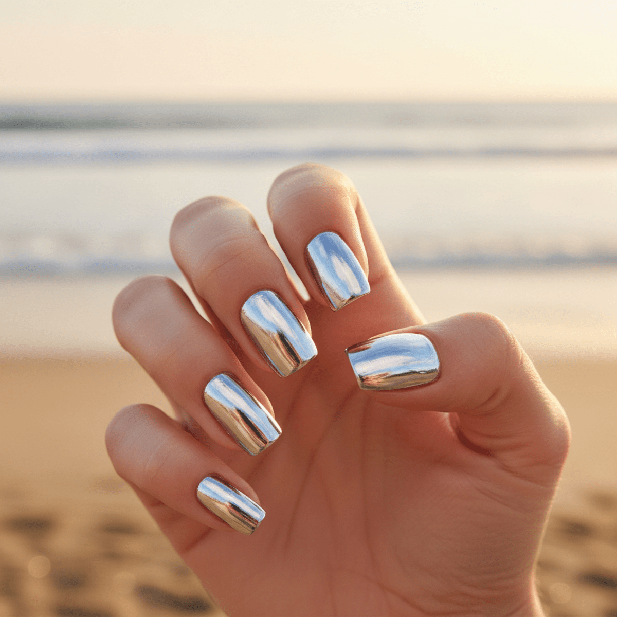 Close-up of summer nails with flawless liquid silver chrome, reflecting molten metal.