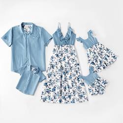 wholesale Europe new hot selling mom and me flower printed dress parent-child dad shirt wear matching family clothes outfits
