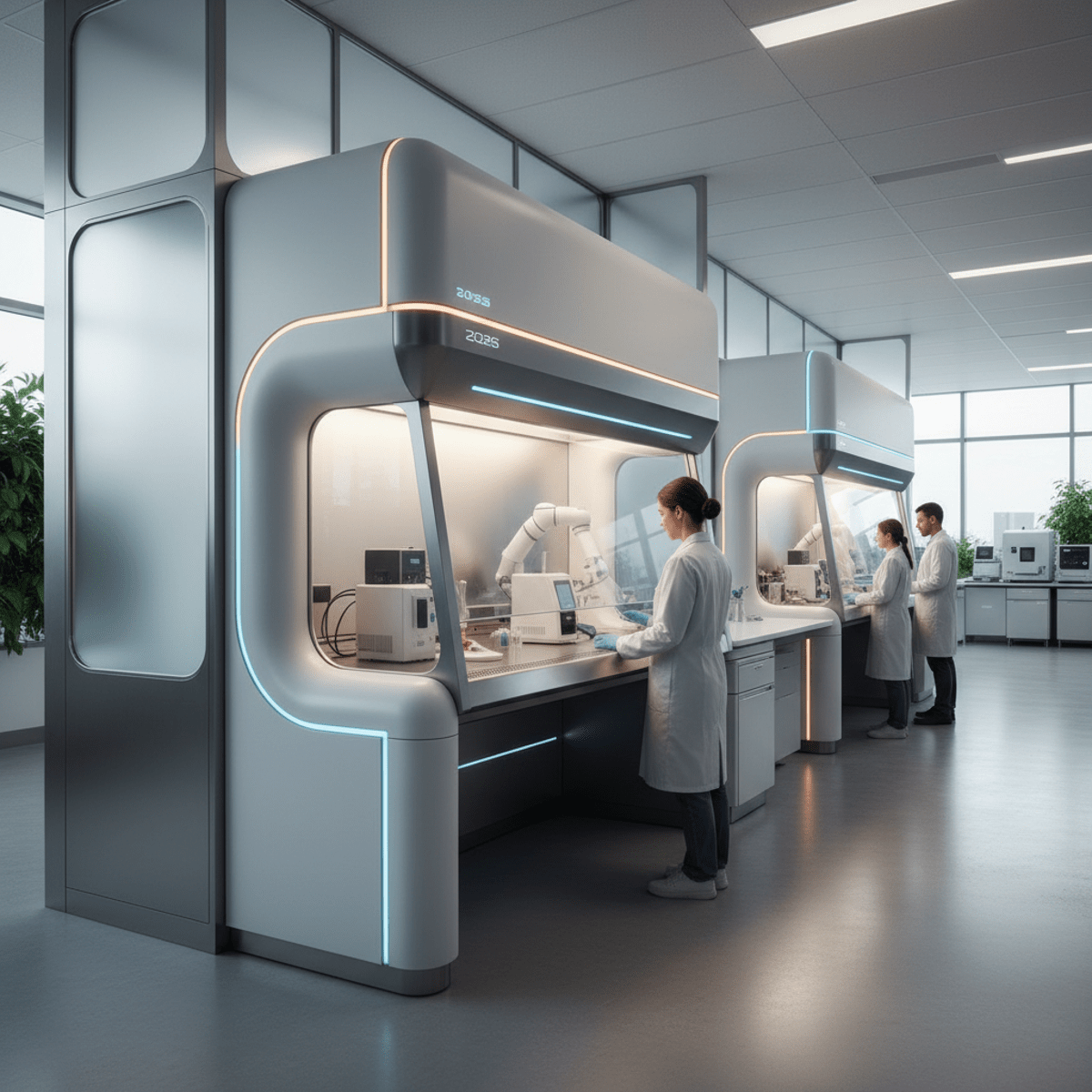 Modern research facility with ergonomic workspace and laminar flow hood.