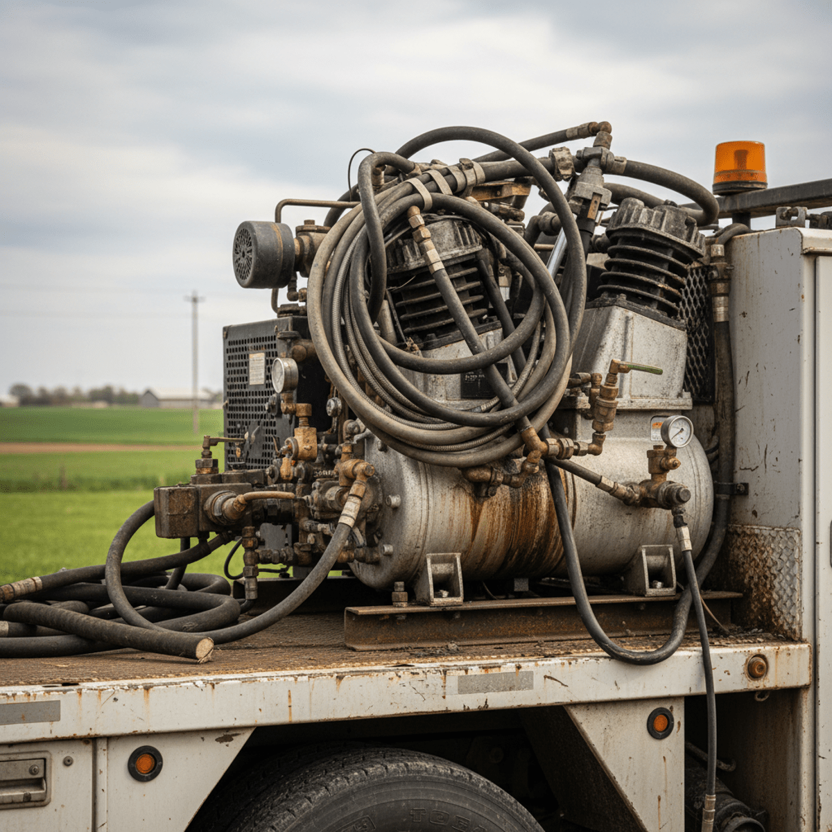 Close-up of a large air compressor on a rural service truck, showing mechanical details.