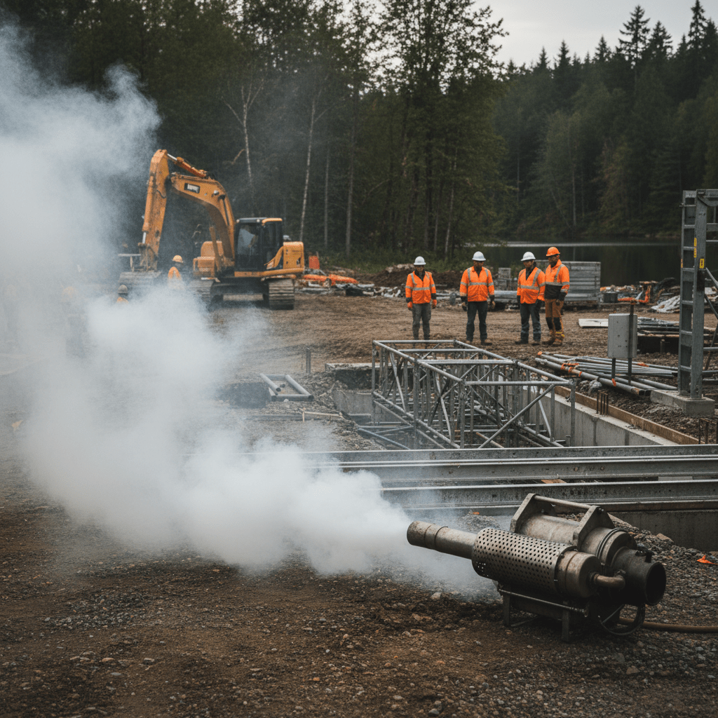 Industrial fogger machine operates on a construction site, producing dense white thermal fog.