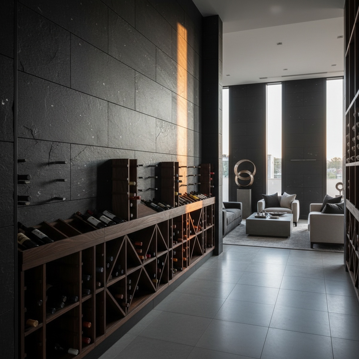 Contemporary wine cellar with matte black slate panels and wooden racks.
