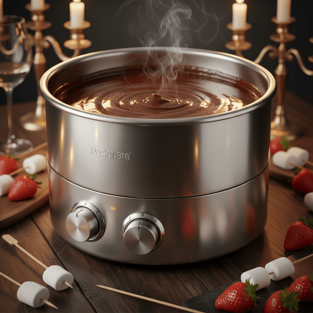 Elegant stainless steel soup warmer filled with rich chocolate fondue.