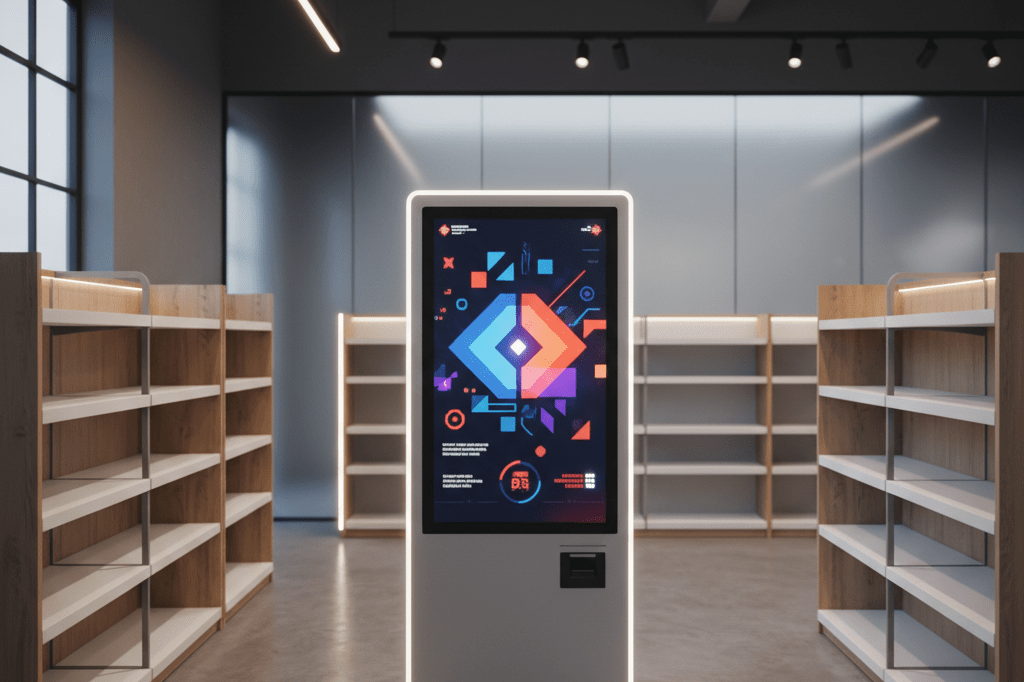 Retail space with a digital kiosk for gaming codes under warm lighting, reflecting the shift to digital distribution