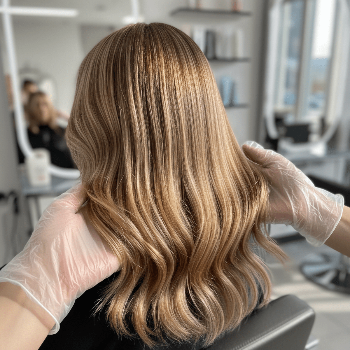 Close-up of freshly coloured hair with icy blonde and caramel shades, showing natural waves.