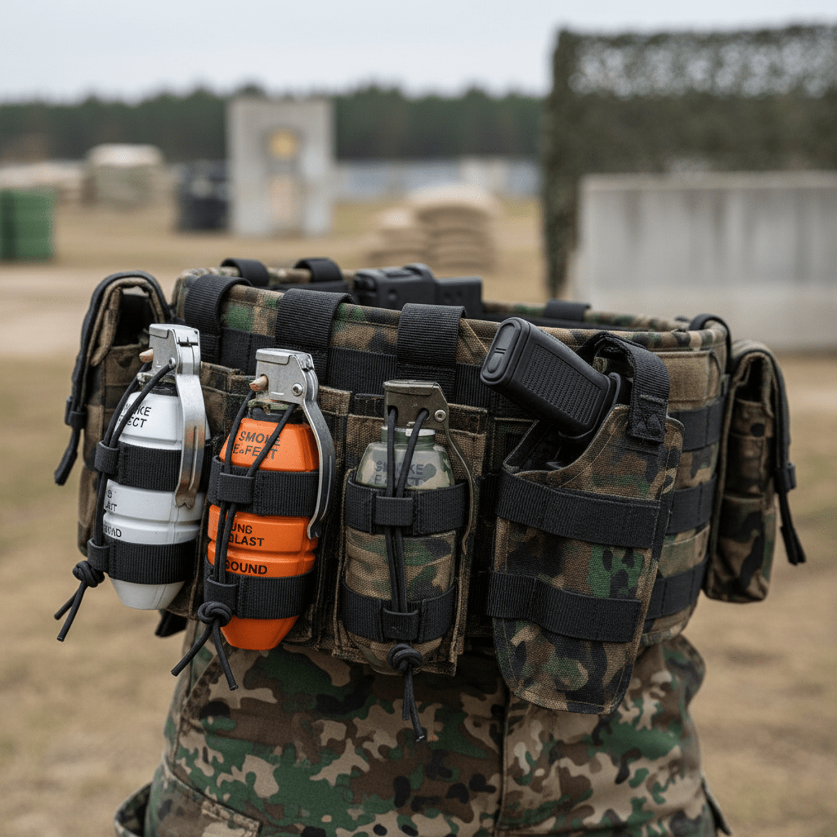 Close-up of tactical battle belt with airsoft grenades and ammo pouches.