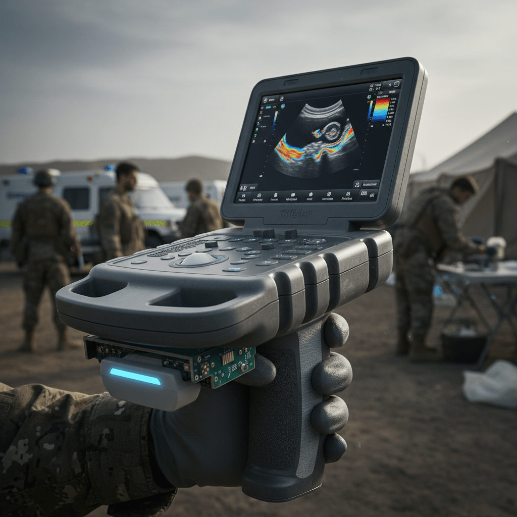 Futuristic handheld ultrasound device in a field hospital setting, showing organ imaging.
