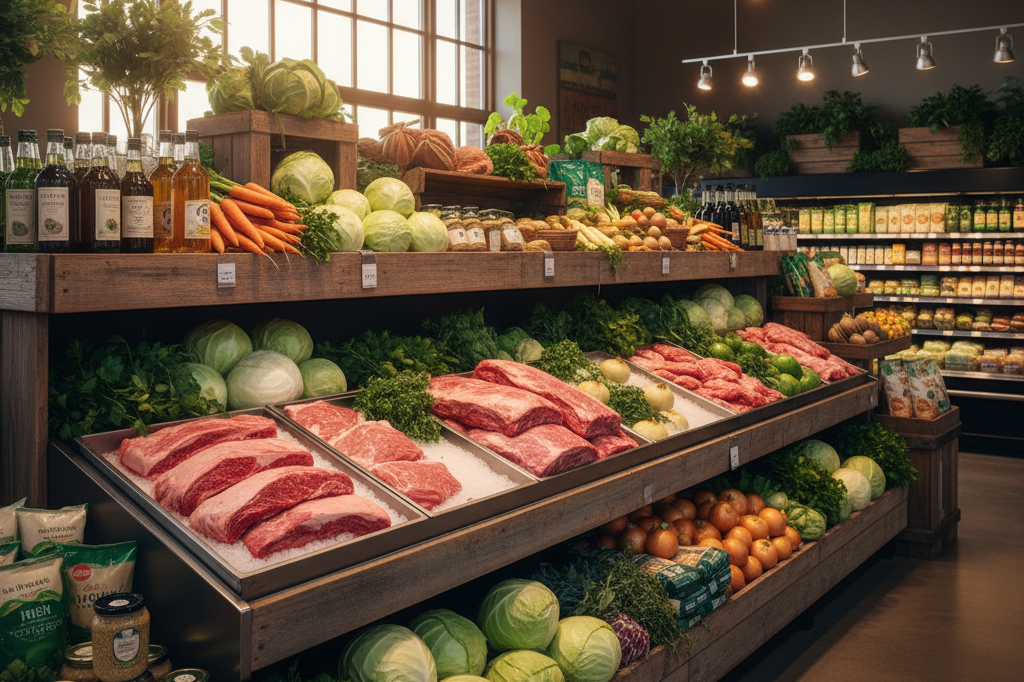 Wide shot of a themed grocery display with corned beef, cabbage, and ingredients lit by natural and ambient light