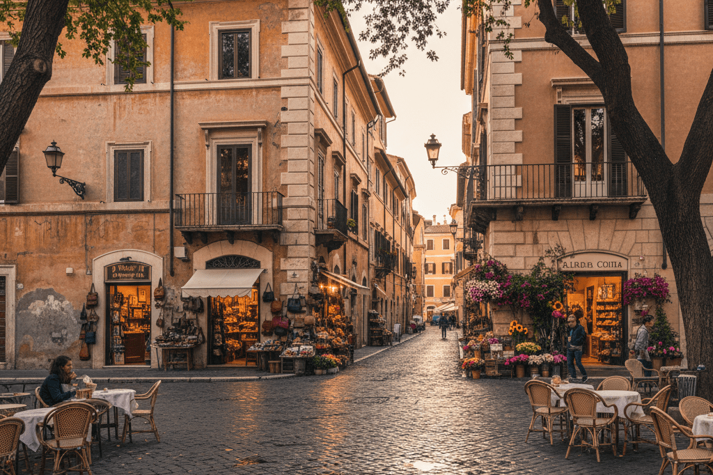 Historic Roman street with cobblestones, vintage shops, and soft natural lighting reflecting cinematic appeal