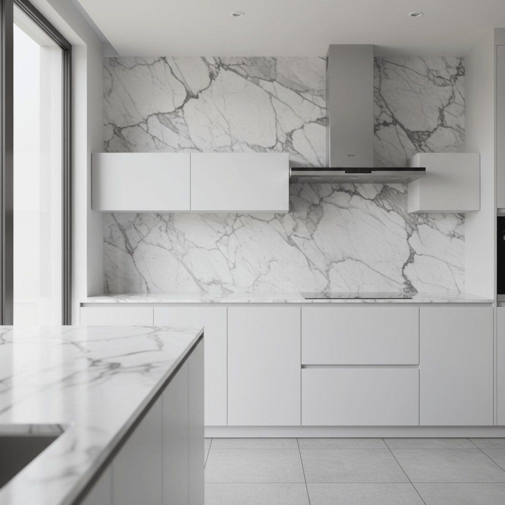 Modern kitchen with a dramatic floor-to-ceiling marble slab backsplash.