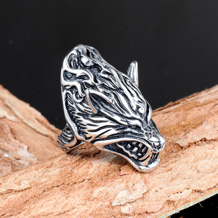 复古男人狼自行车戒指不锈钢维京狼头戒指银色狼人乐队亚马逊热朋克