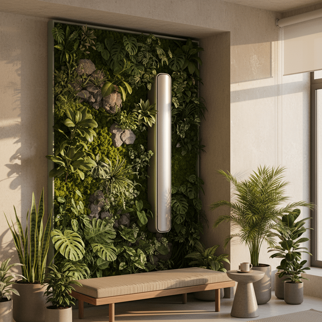 Contemporary apartment corner with vertical air conditioner and lush indoor garden.