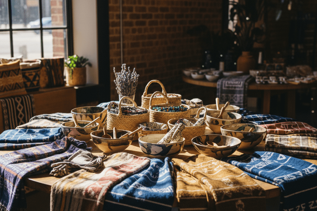 Wooden retail table showcasing diverse handmade goods under warm natural light, symbolizing women-led business growth