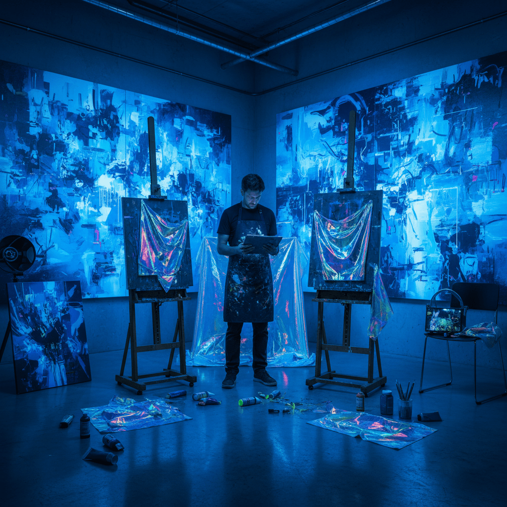Futuristic art studio with abstract canvases and holographic textiles in cobalt light.