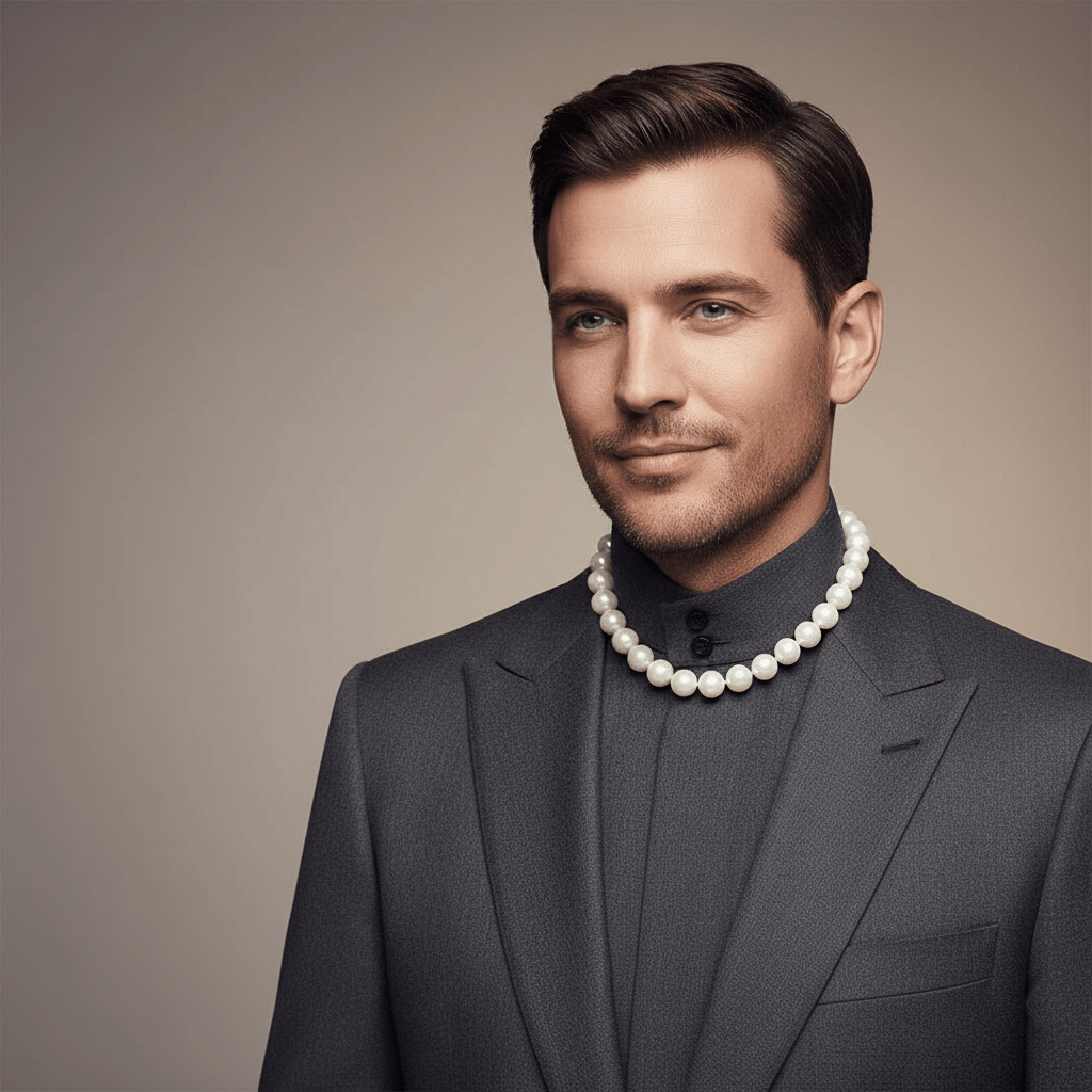 Confident man wearing luminous white pearls around his dark tailored suit collar.