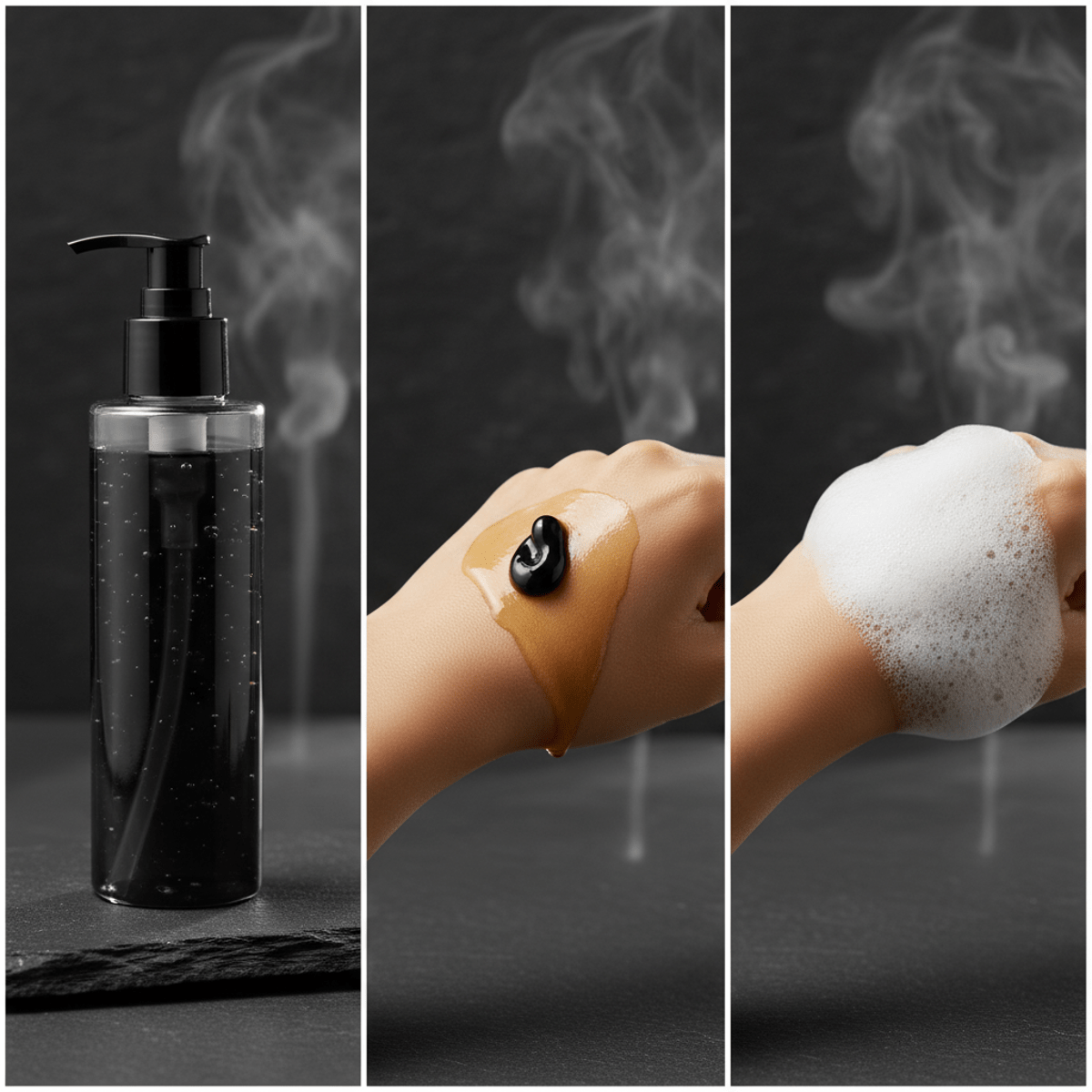 Charcoal face wash transforms from gel to oil to foam in a spa setting.