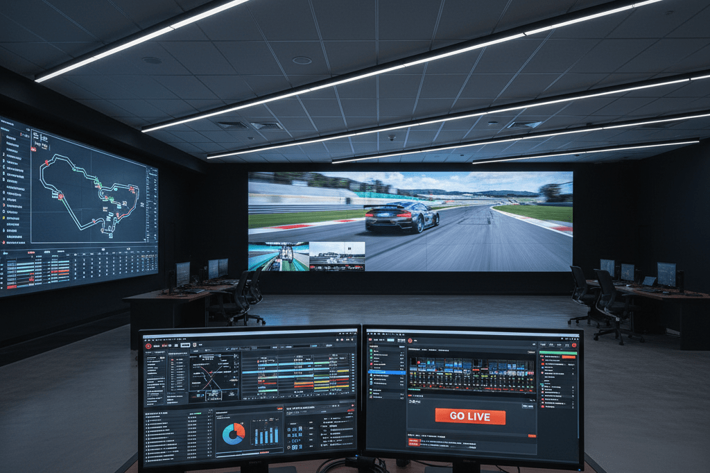 Dimly lit control room with large screens showing race footage and analytics, highlighting advanced streaming technology