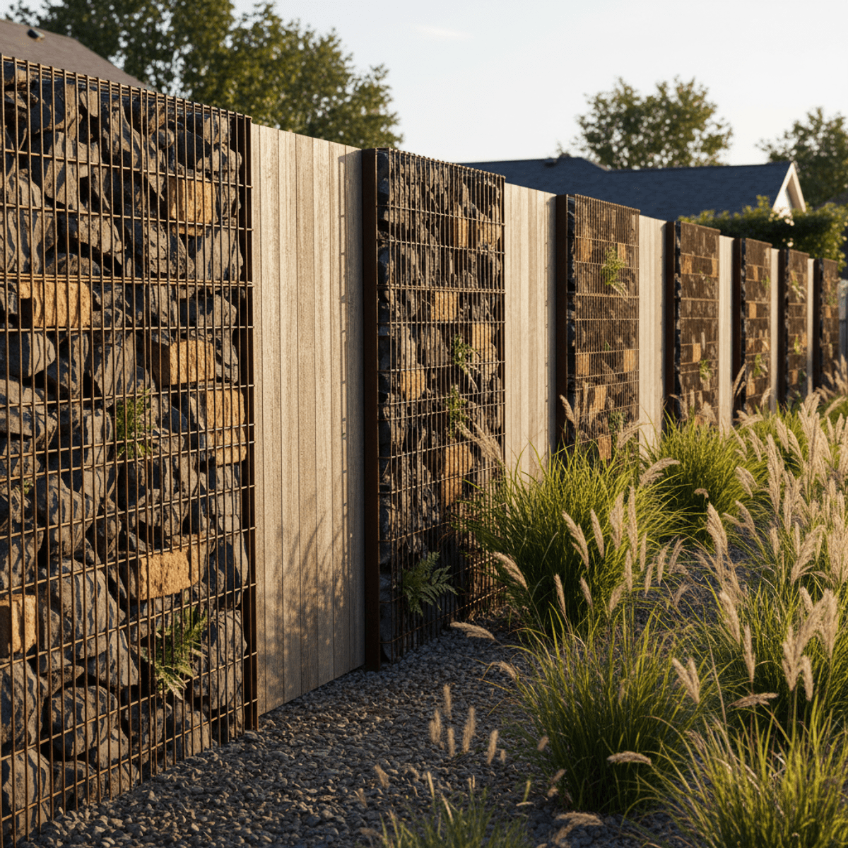 Modern garden fence with gabion walls, slate, concrete, and cedar panels.