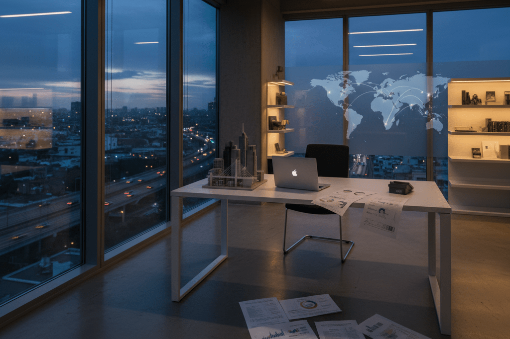 Empty desk in a real estate office with cityscape view under warm ambient light, symbolizing global economic disruptions