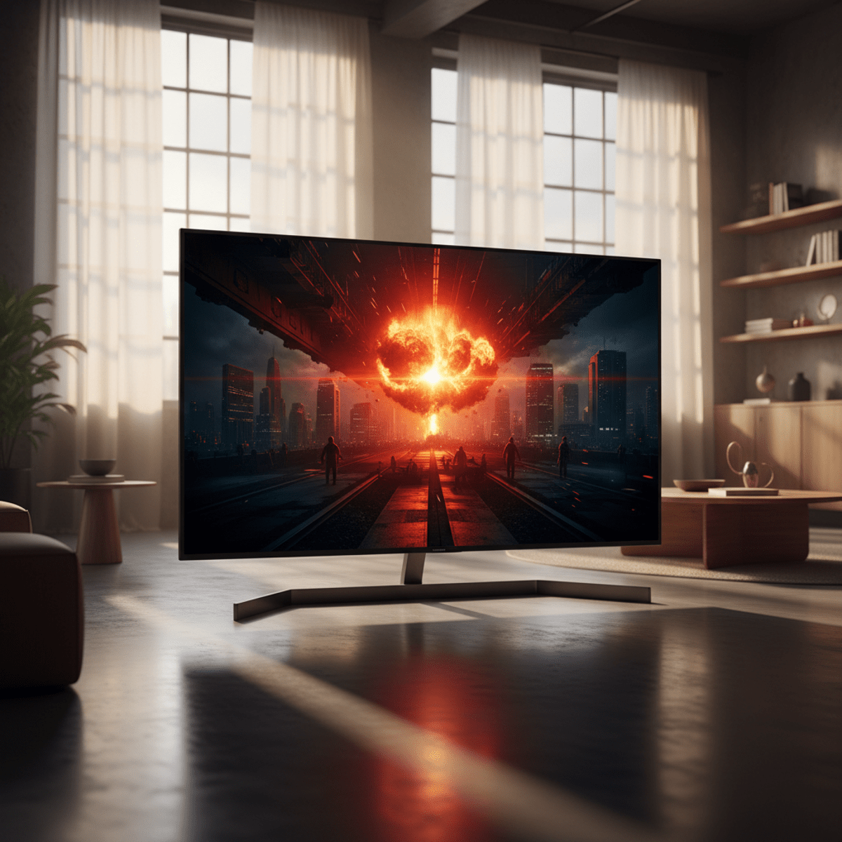 Modern QLED screen on a minimalist stand in a dimly lit studio.