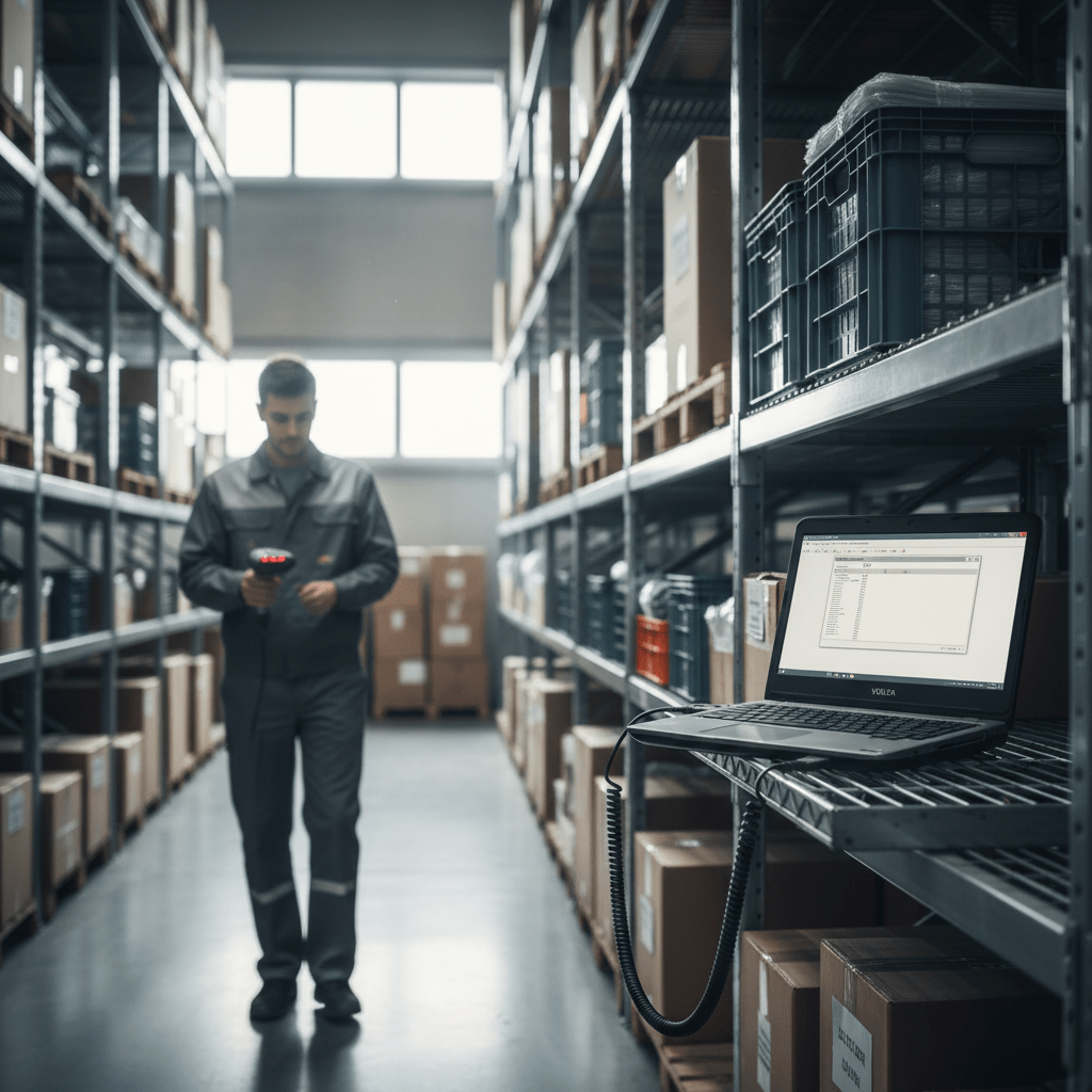 Budget laptop and barcode scanner in a warehouse with inventory crates.