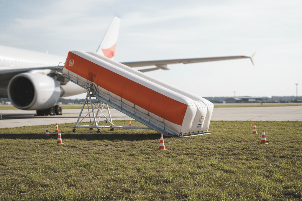 Realistic image of an aircraft emergency slide on grass during daylight, symbolizing aviation safety training