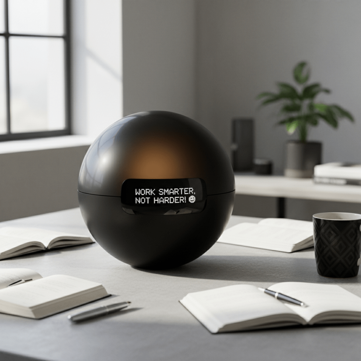 Minimalist black orb with glowing core on desk. Sleek matte black sphere with glowing core on office desk.