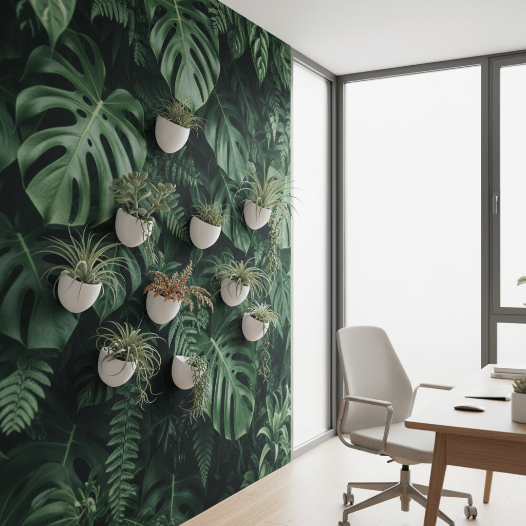 Lush botanical magnetic wall art in a minimalist home office. Modern office with magnetic wall art featuring lush green monstera and fern leaves.